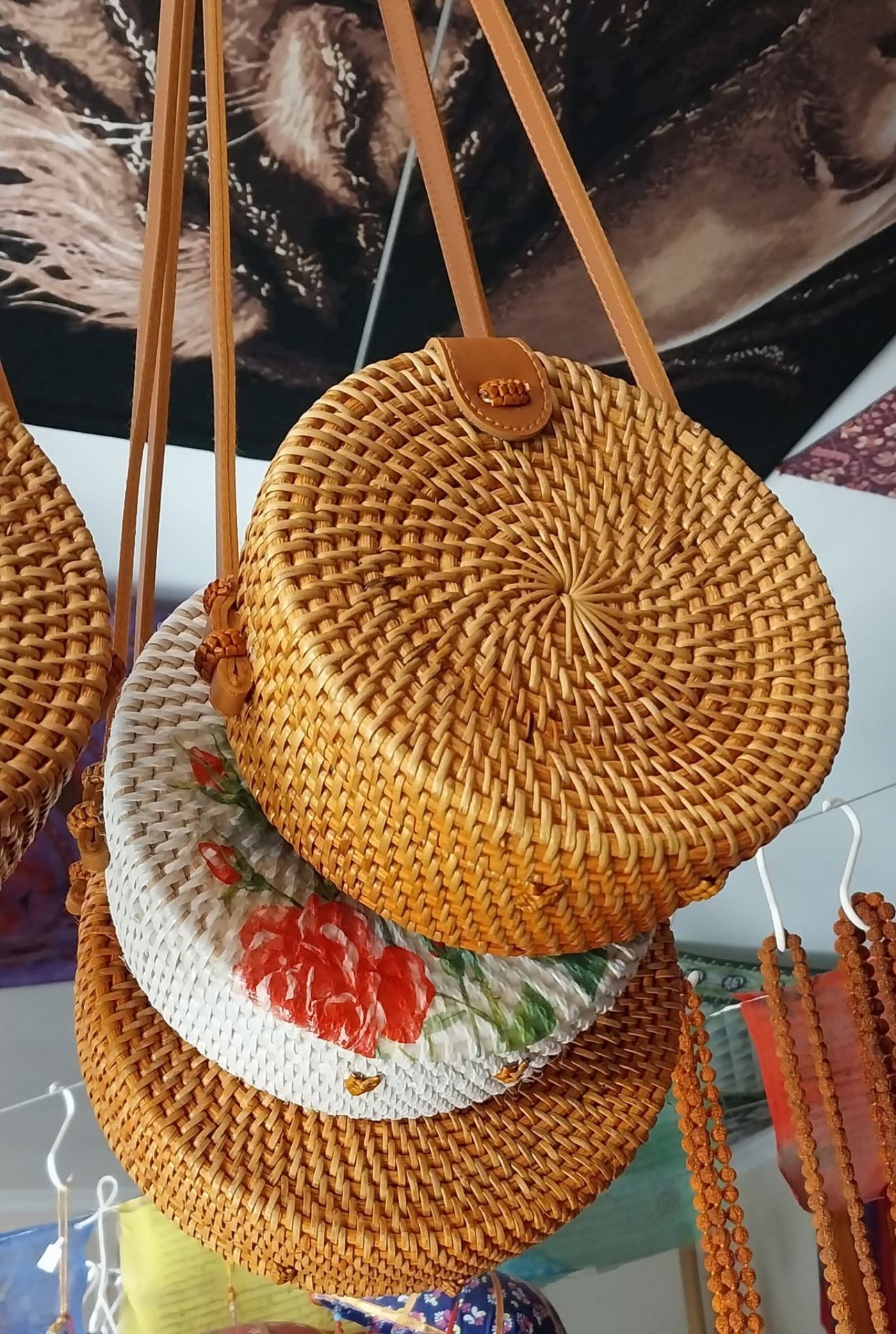 Woven rattan bags and floral bohemian accessories